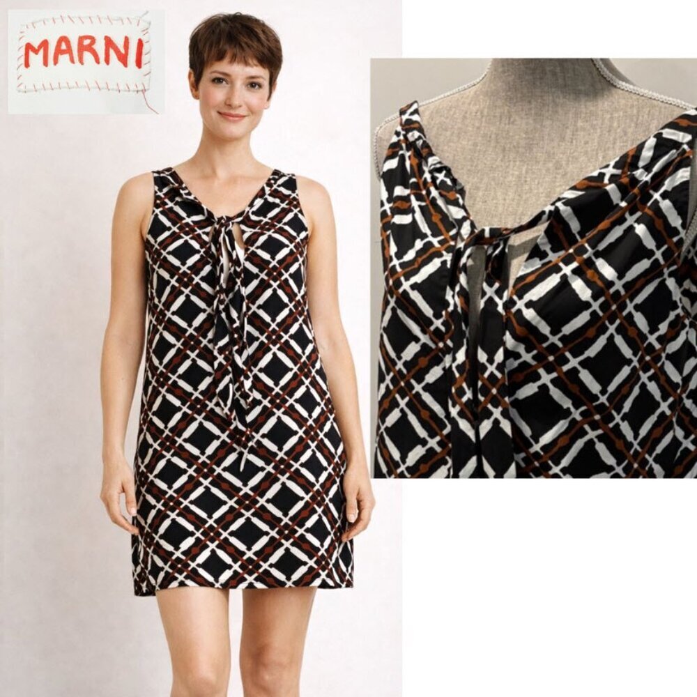 Marni Cotton Mini Dress Tie Front Geo Print Euro 38 Black White Brown